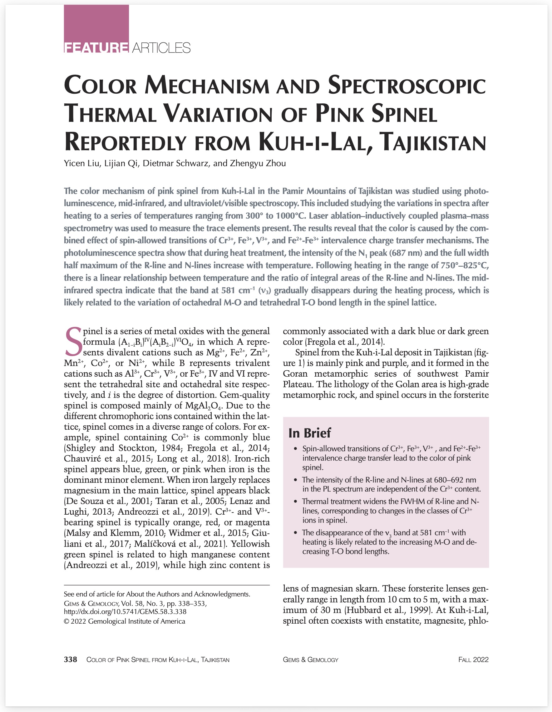 Color mechanism and spectroscopic thermal variation of pink spinel reportedly from Kuh-i-Lal, Tajikistan