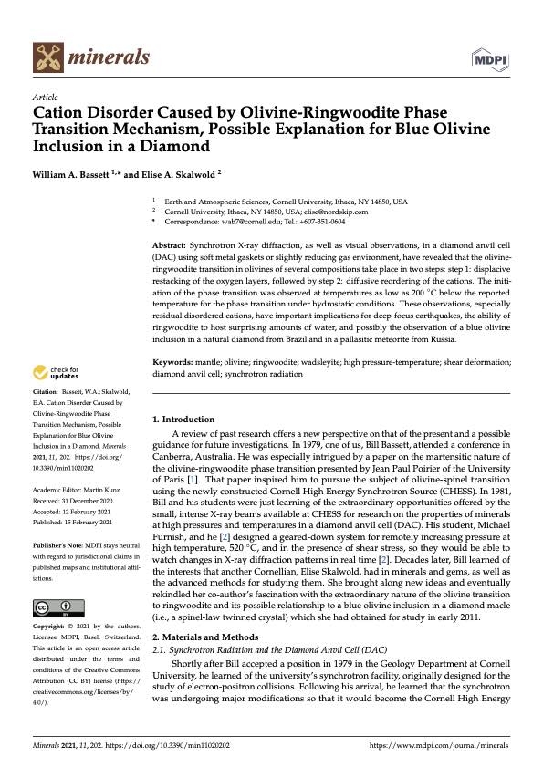 Cation disorder caused by olivine-ringwoodite phase transition mechanism, possible explanation for blue olivine inclusion in a diamond