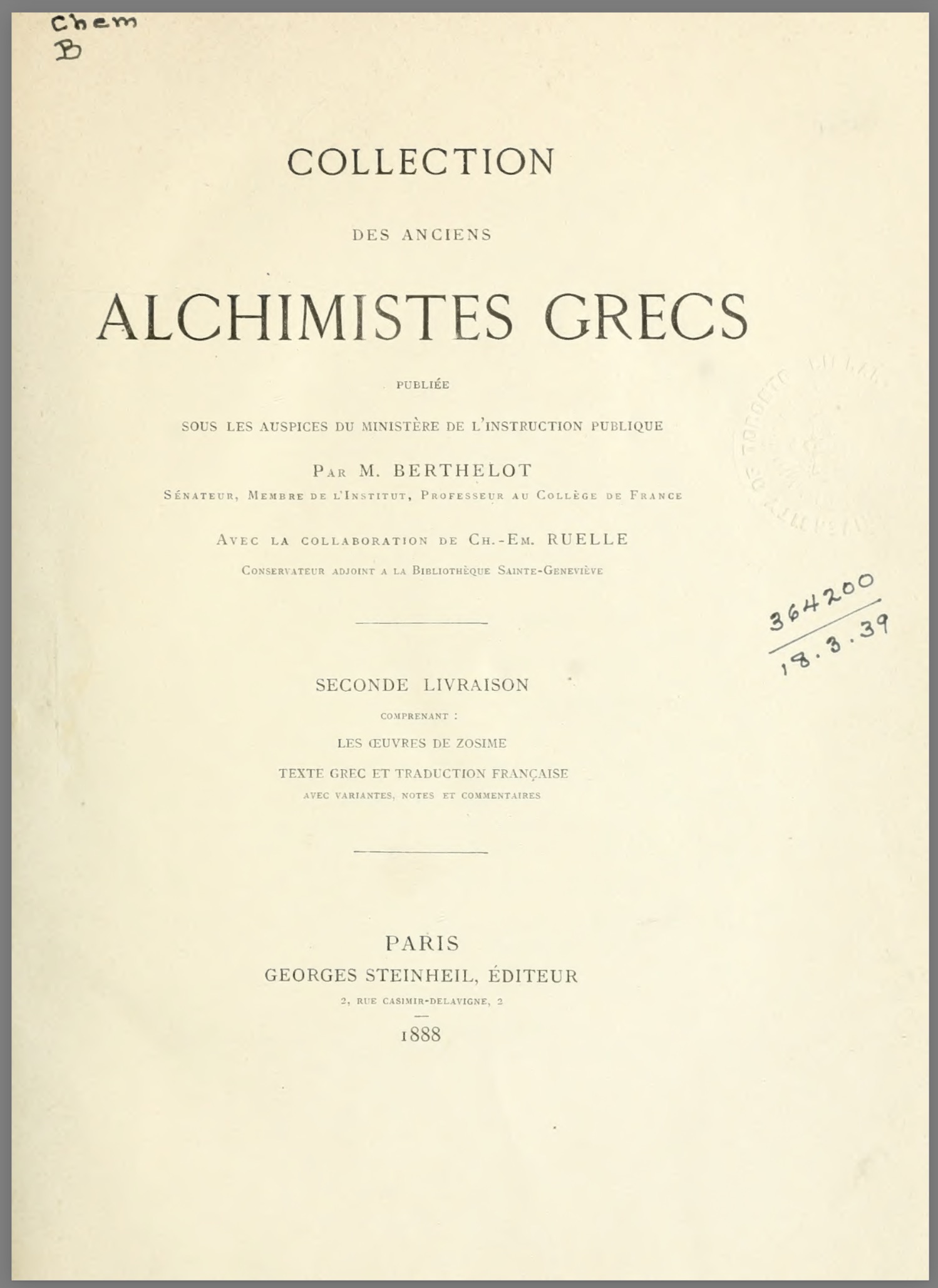 Colection des Anciens Alchimistes Grecs