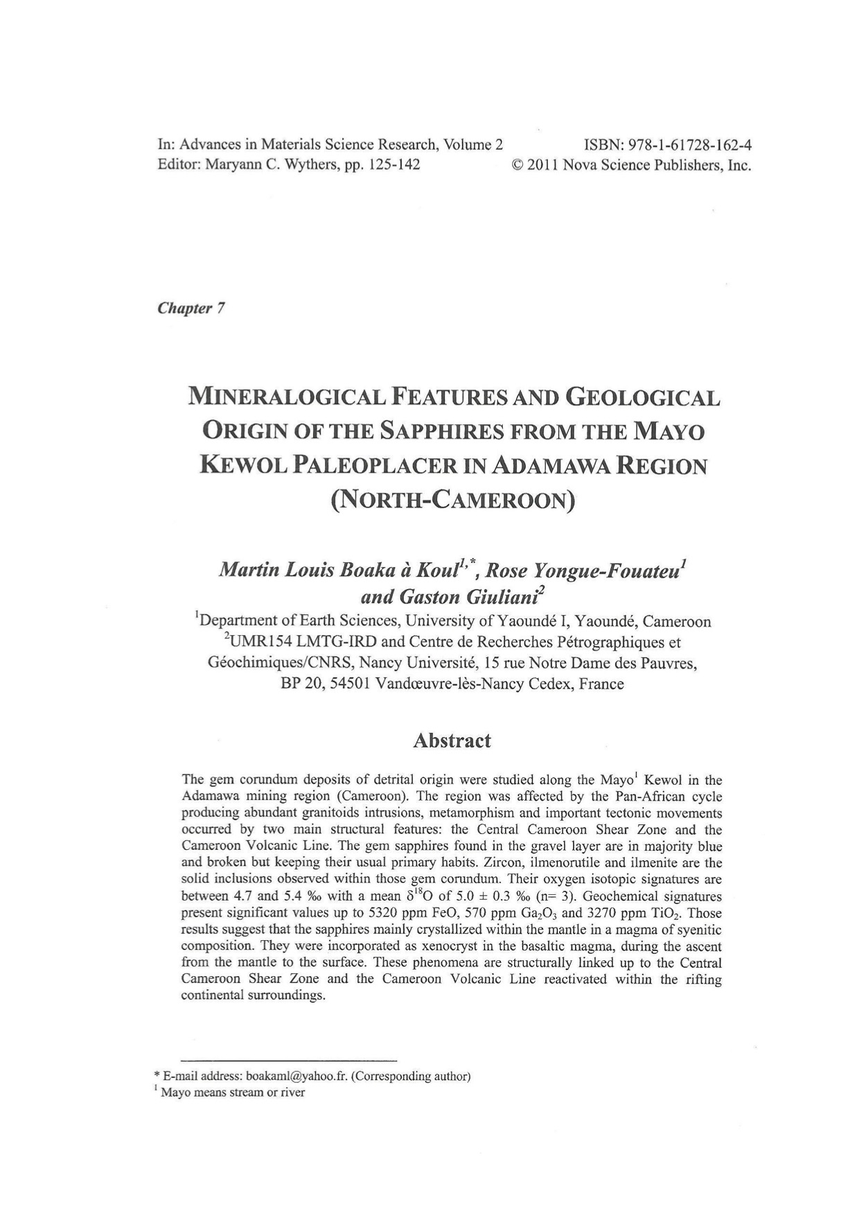 Mineralogical features and geological origin of the sapphires from the Mayo Kewol paleoplacer in Adamawa region (North-Cameroon)