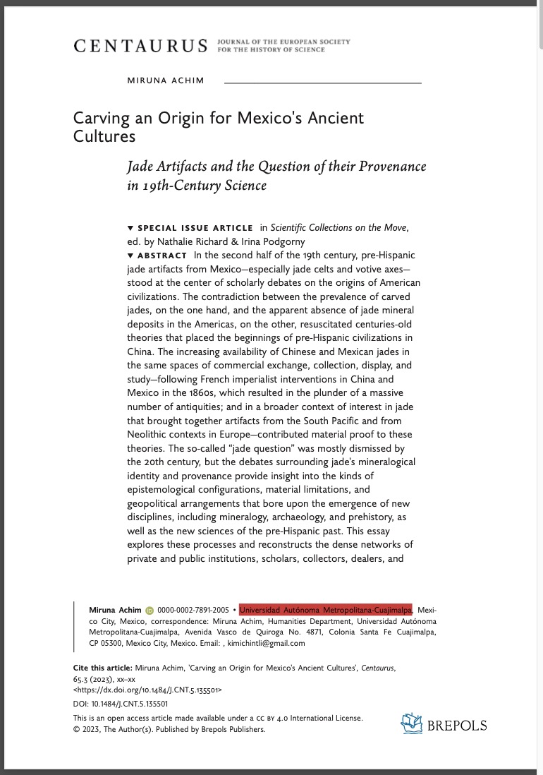 Carving an origin for Mexico's ancient cultures. Jade artefacts and the question of their provenance in the 19th century