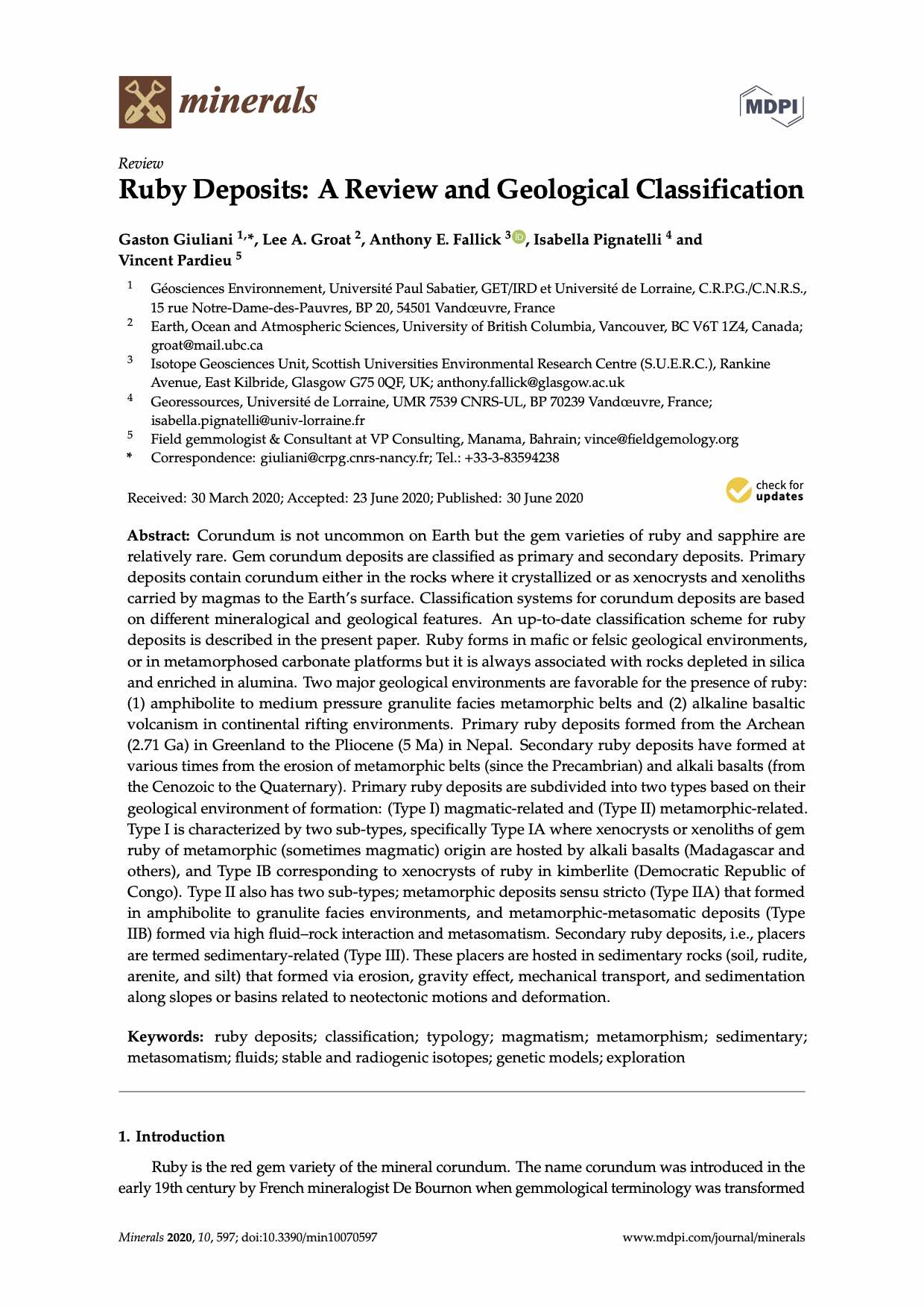 Ruby deposits: A review and geological classification
