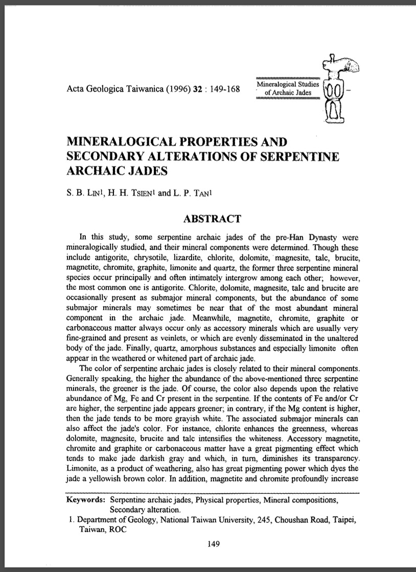 Mineralogical properties and secondary alterations of serpentine archaic jades