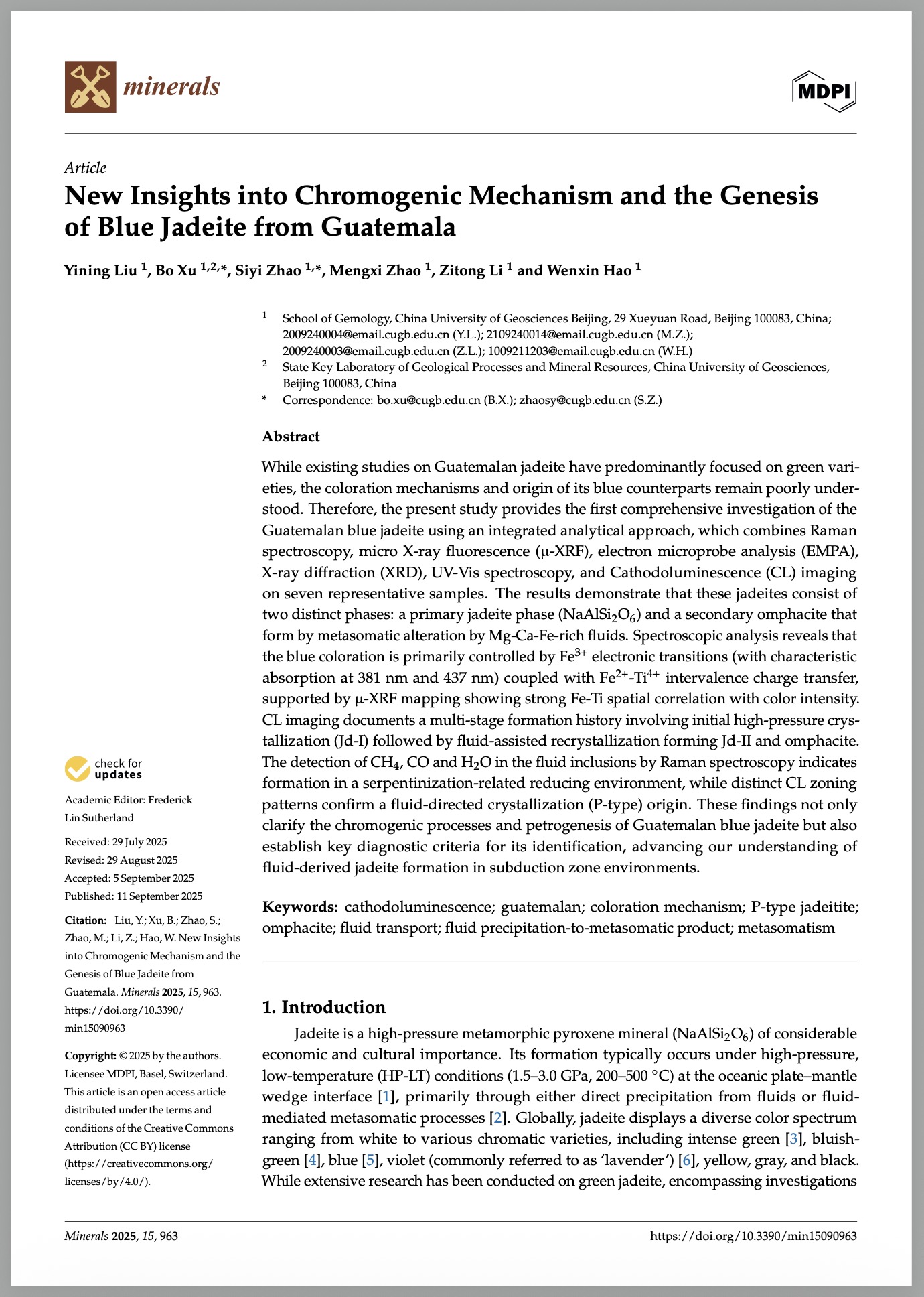New insights into chromogenic mechanism and the genesis of blue jadeite from Guatemala