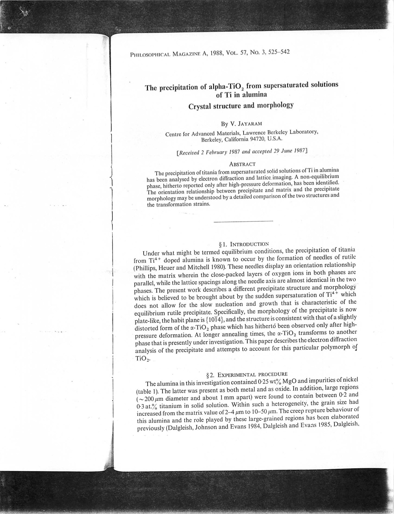 The precipitation of alpha TiO2 from supersaturated solutions of Ti in alumina: Crystal structure and morphology