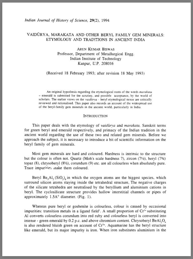 Vaidurya, marakata and other beryl family gem minerals: Etymology and traditions in ancient India