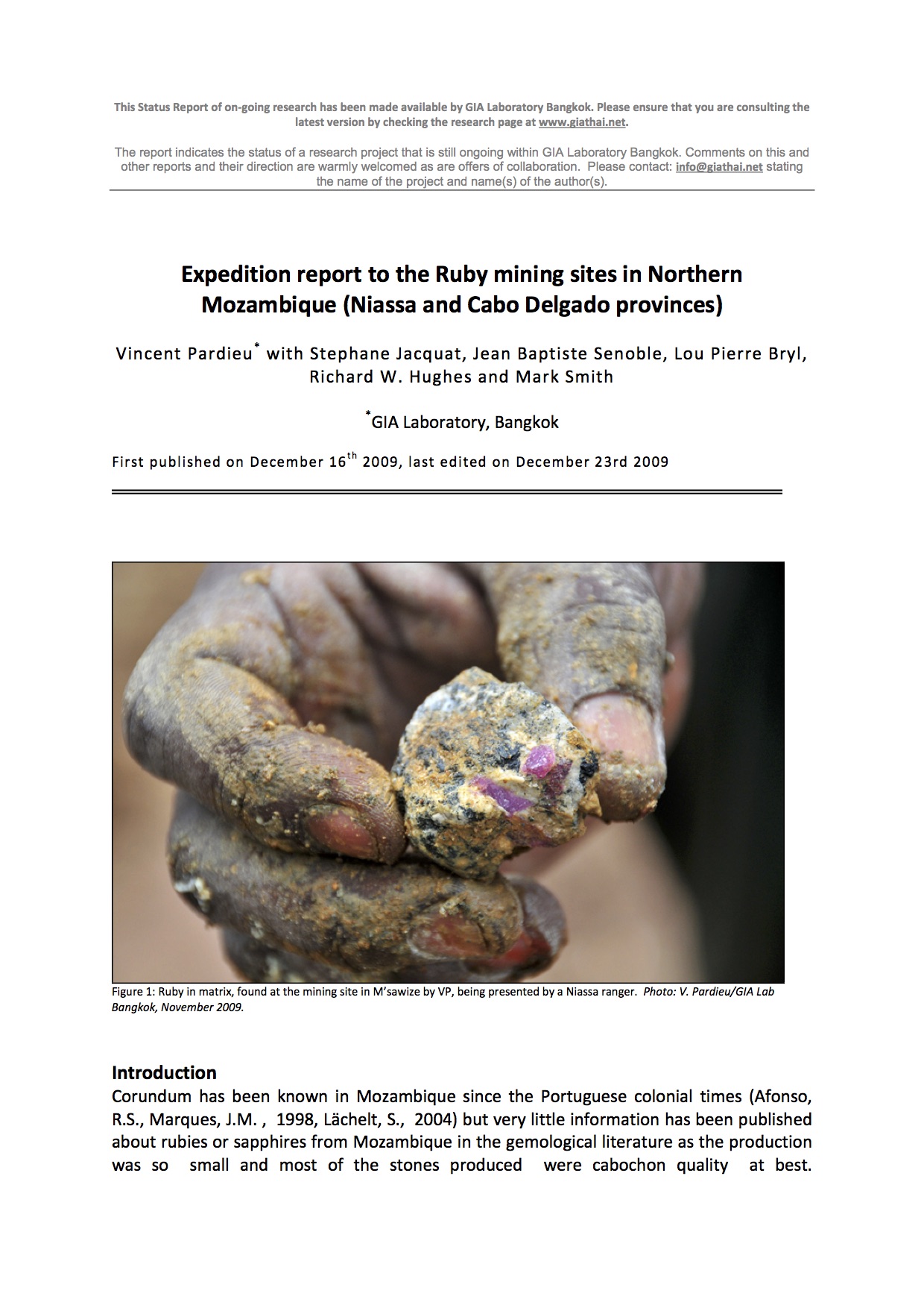 Expedition Report to the Ruby Mining Sites in Northern Mozambique (Niassa and Cabo Delgado Provinces)