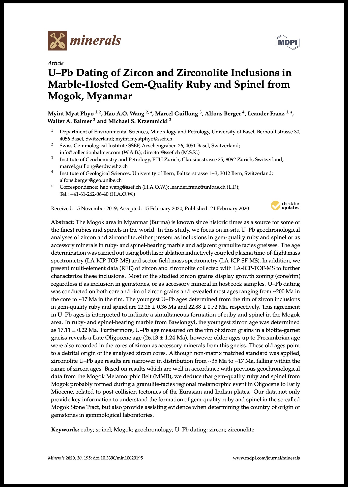 U–Pb dating of zircon and zirconolite Inclusions in marble-hosted gem-quality ruby and spinel from Mogok, Myanmar