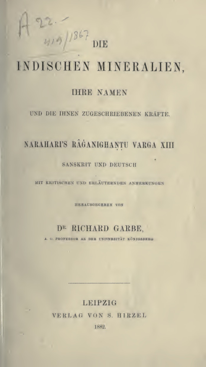 Die Indischen Mineralien, Ihre Namen und die Ihnen Zugeschriebenen Kräfte