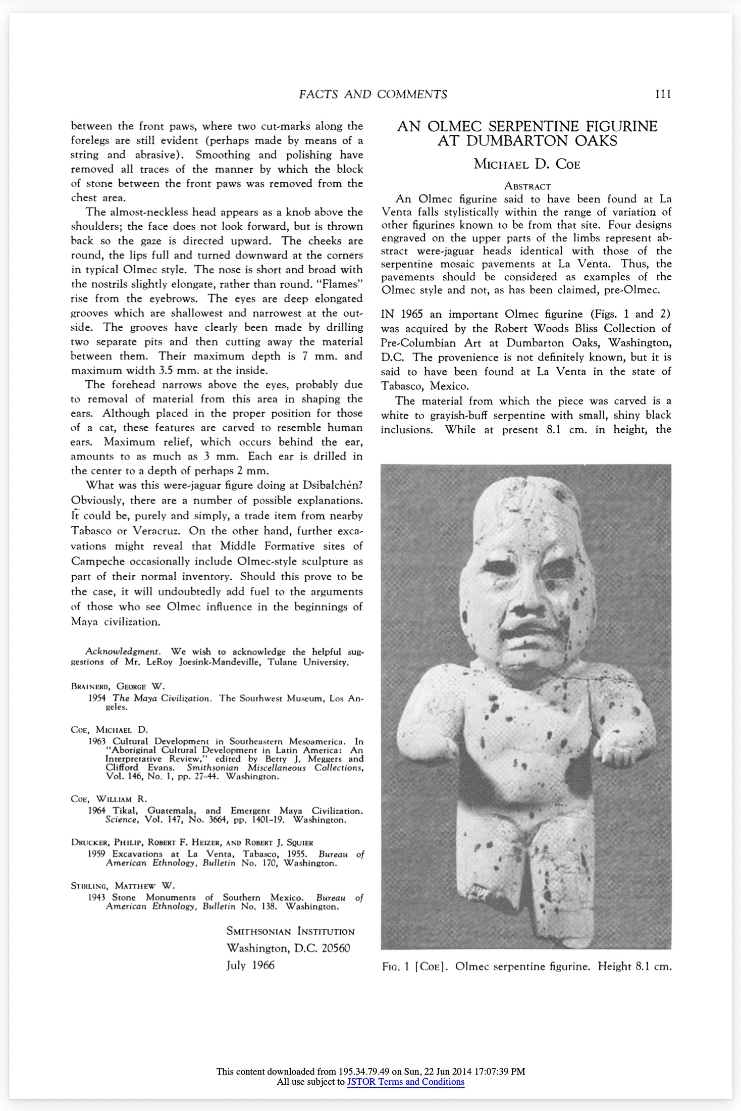 An Olmec serpentine figure at Dumbarton Oaks