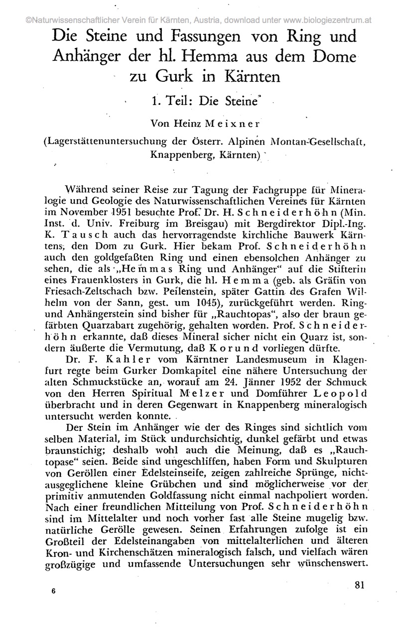 Die Steine und Fassungen von Ring und Anhaenger der hl. Hemma aus dem Dome zu Gurk in Kaernten; 1. Teil, Die Steine