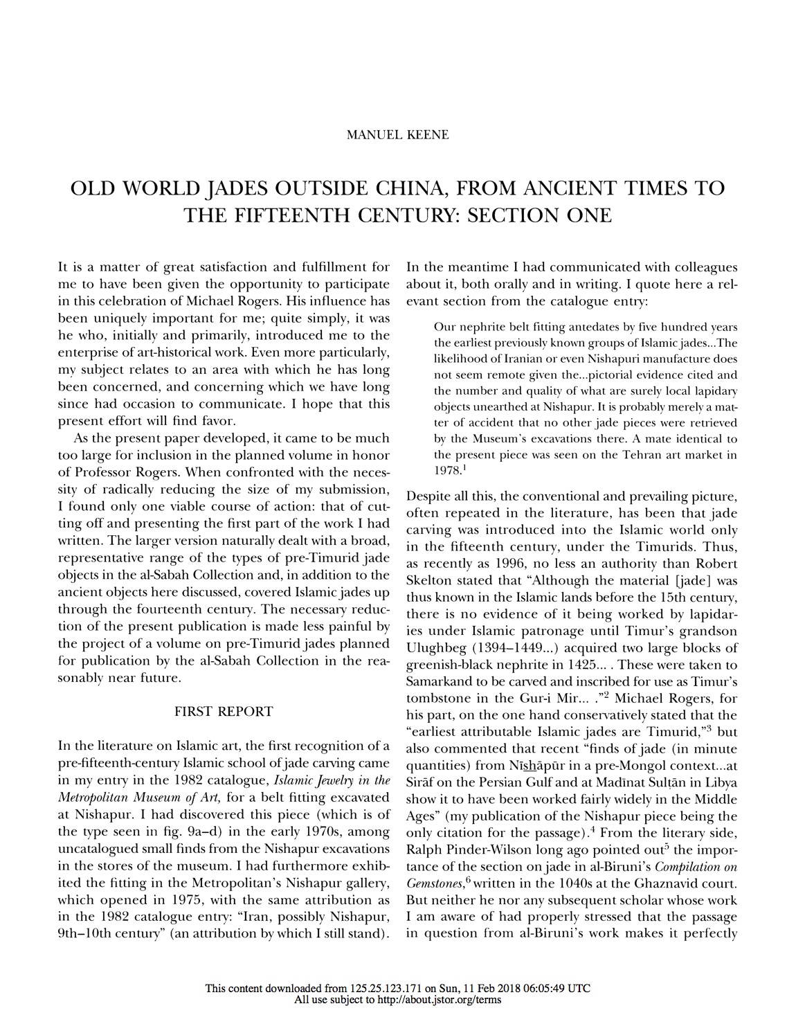 Old World jades outside China, from ancient times to the fifteenth century: Section one