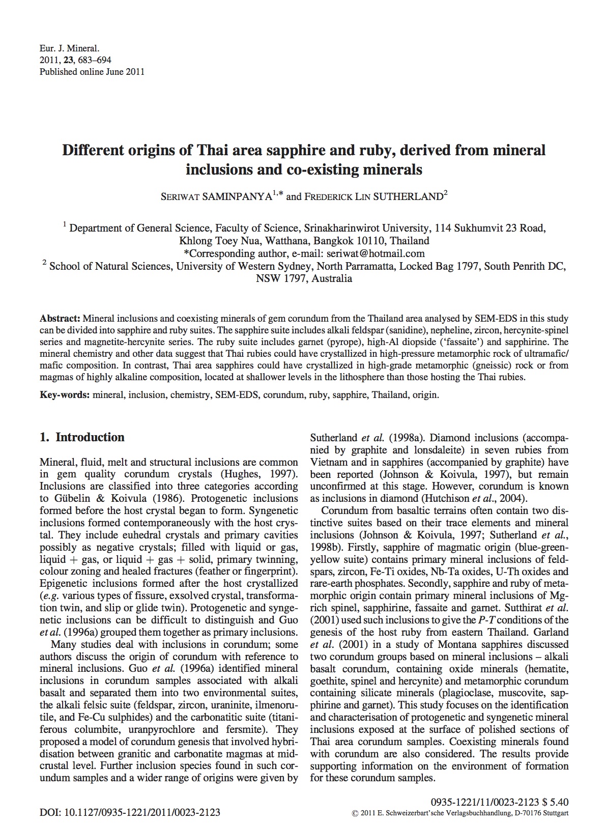 Different origins of Thai area sapphire and ruby, derived from mineral inclusions and co-existing minerals