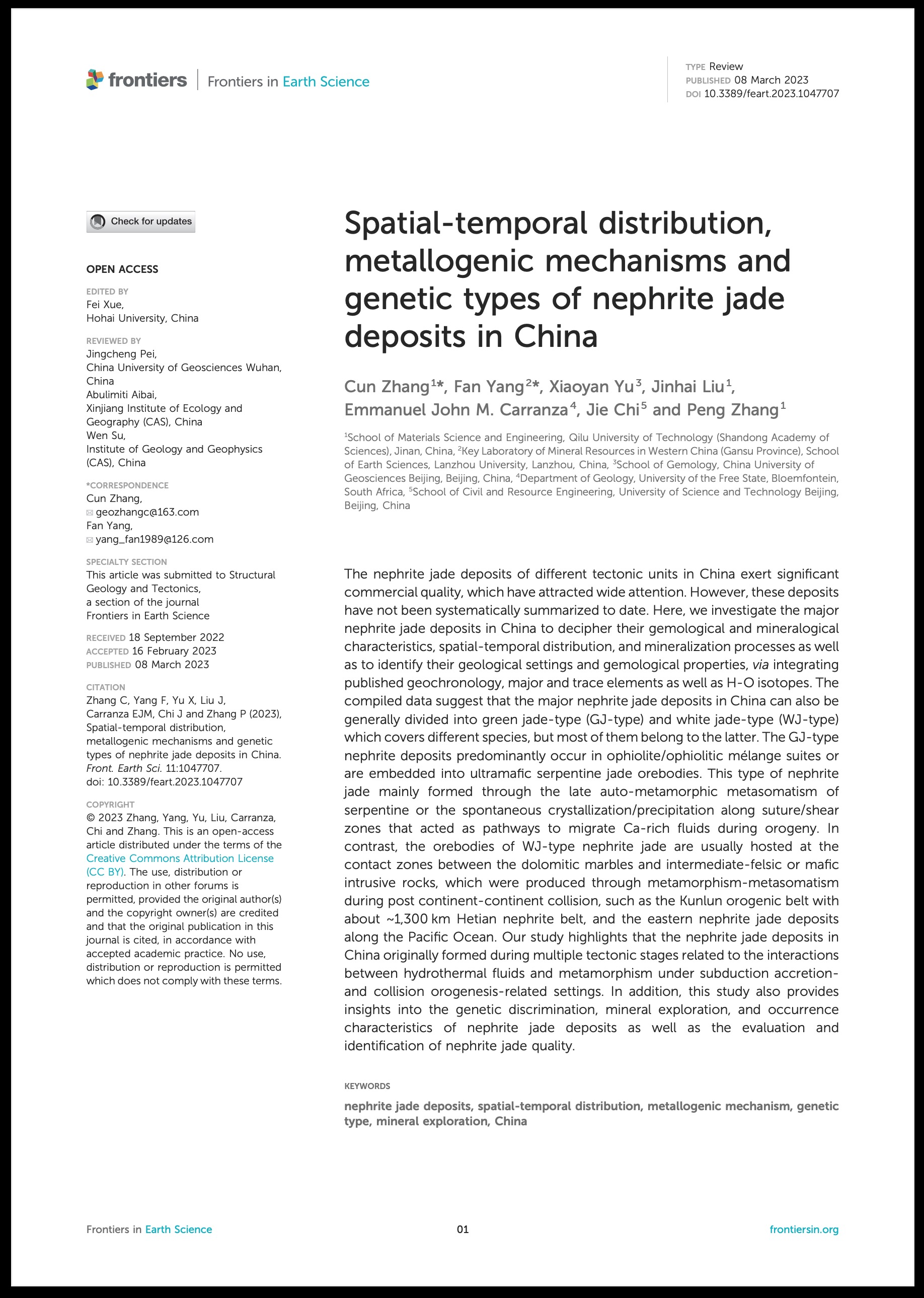 Spatial-temporal distribution, metallogenic mechanisms and genetic types of nephrite jade deposits in China