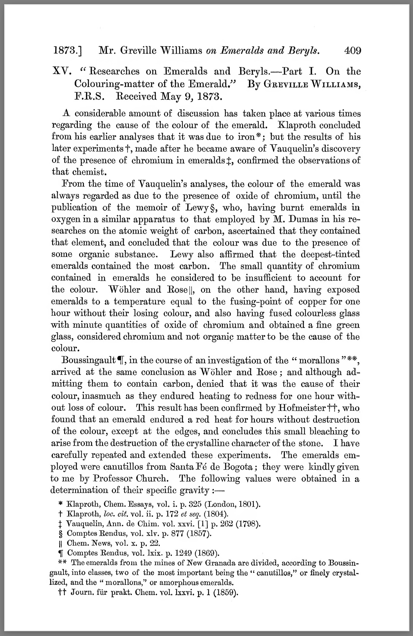 Researchs on emeralds and beryls.—Part I. On the colouring-matter of the emerald