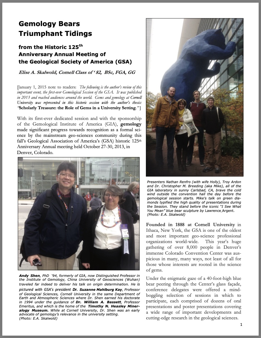 Gemology bears triumphant tidings. A review of the historic 125th Anniversary Annual Meeting of the Geological Society of America (GSA)