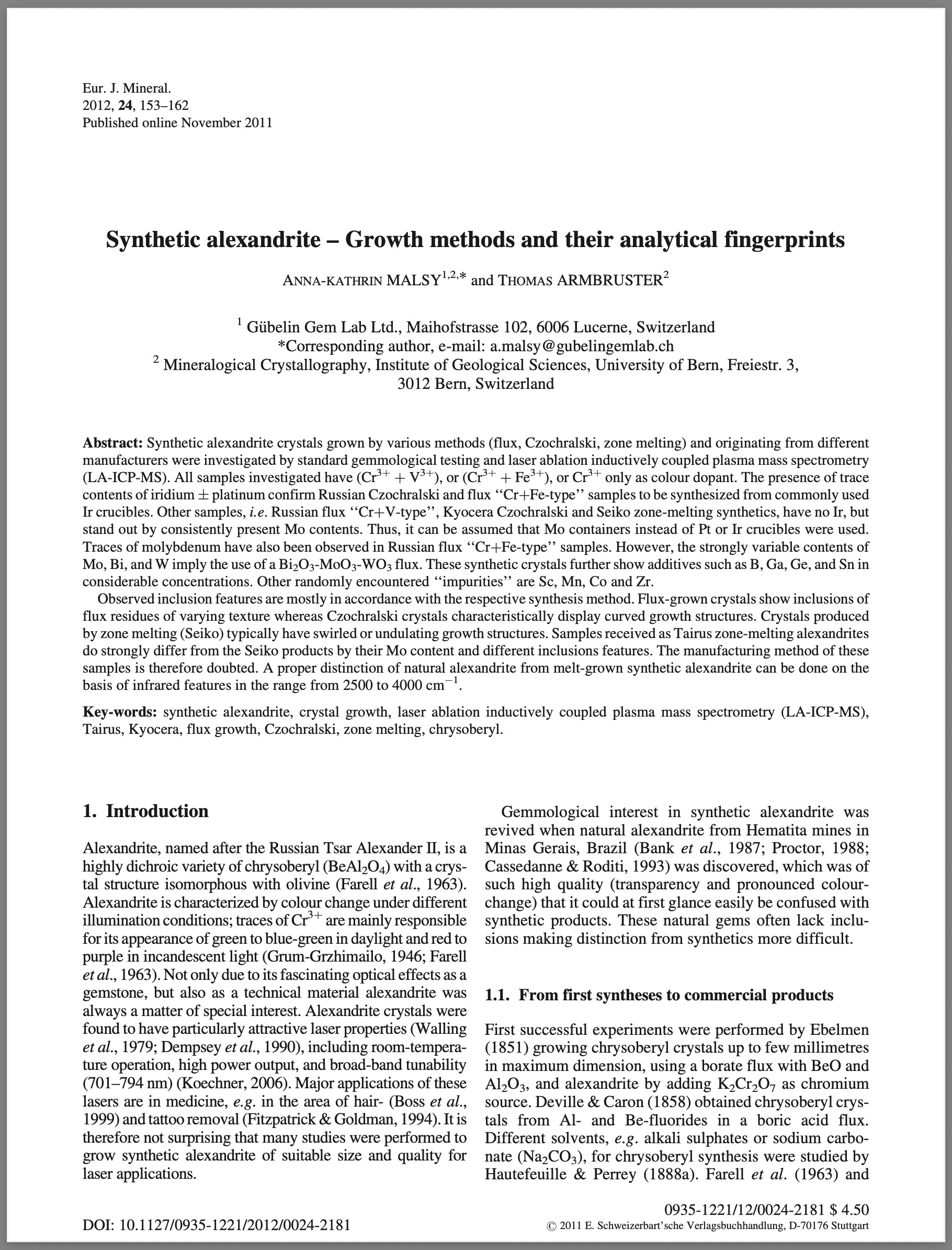 Synthetic alexandrite – Growth methods and their analytical fingerprints