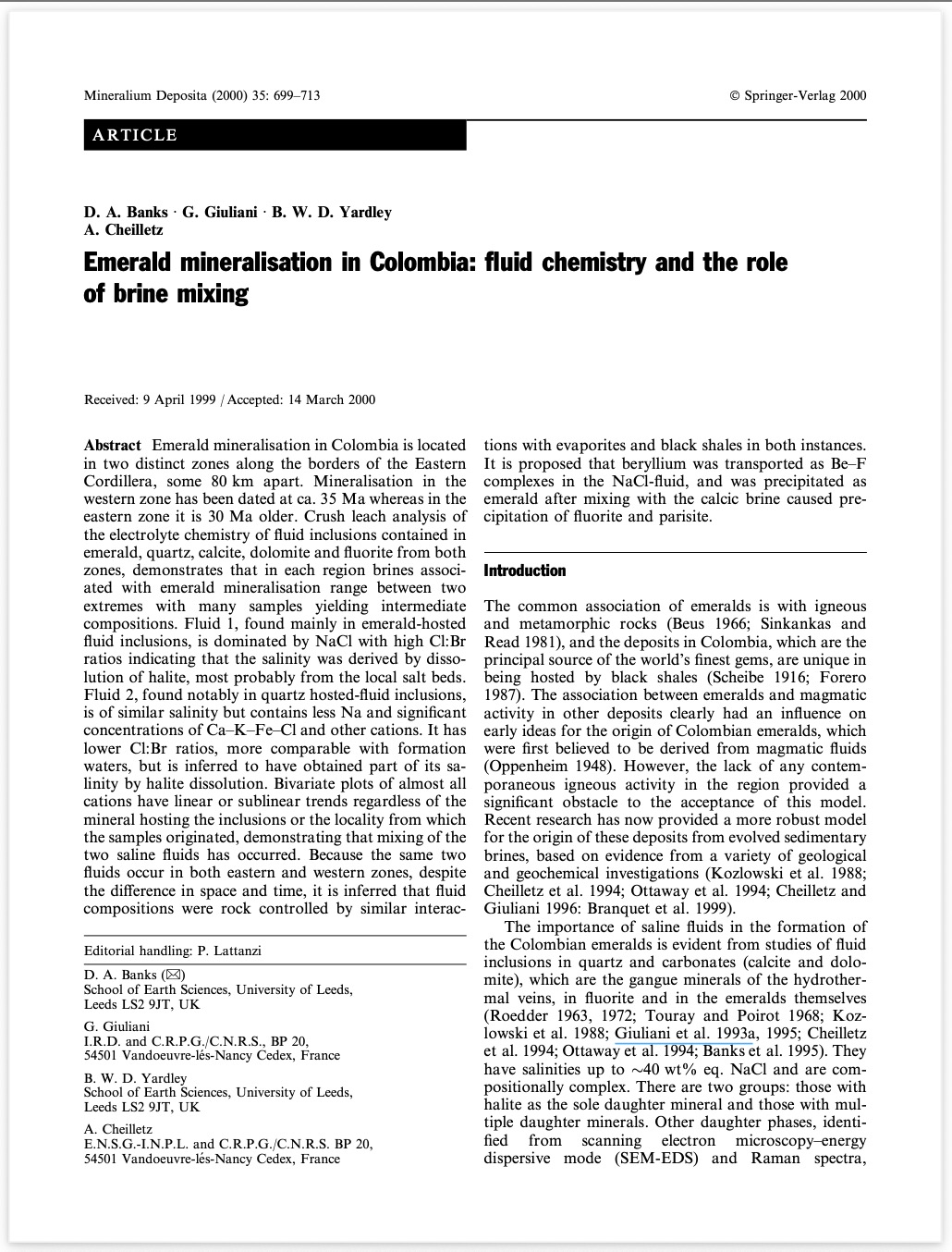 Emerald mineralisation in Colombia: Fluid chemistry and the role of brine mixing