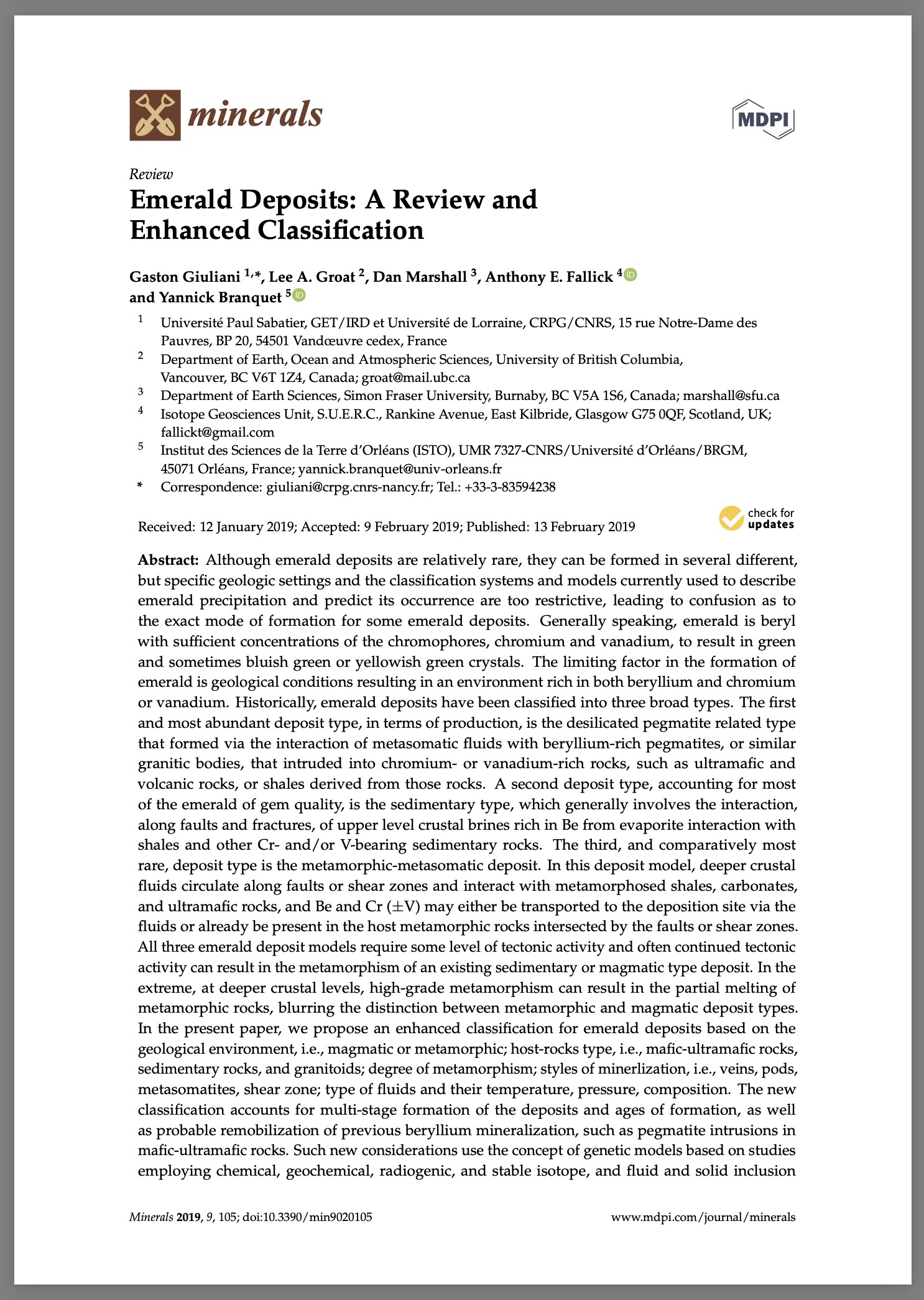 Emerald deposits: A review and enhanced classification