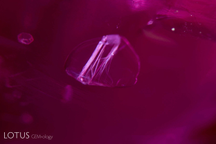 A large transparent birefringent crystal was trapped in this ruby from Burma’s Mogok Stone Tract.