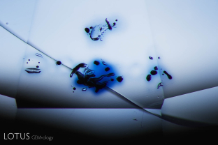 Diffusion around small gas bubbles in this lattice-diffusion treated synthetic sapphire.