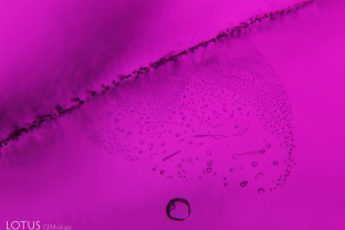 Frozen gas bubbles inside melted crystals within a ruby from the Thai/Cambodian border.