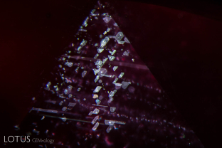 Rutile silk in Mozambique ruby showing a breakdown of the daughter crystals due to heat treatment.