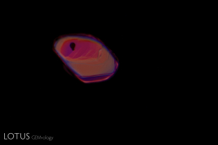 This spinel  contained a number of octahedron-shaped crystals filled with a transparent doubly refractive material, as well as hexagonal black plates of what is probably graphite. The doubly refractive nature of the filling becomes clear when the gem is viewed between crossed polars, as the inclusion lights up with interference colors against a black background. The ability of spinel to force its morphology on guest minerals has been dubbed “philoxenism”  by John Koivula. 