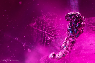 A crystal with metallic luster stands out in this unheated ruby.