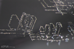 The particles inside this spinel are oriented in hexagonal patterns, creating distinct geometric shapes.