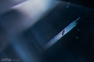 A small crystal is surrounded by fine dislocation needles in this spinel. This type of feature is common in spinel from Vietnam.
