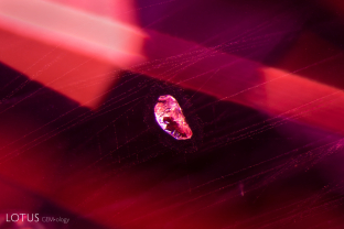 A carbonate crystal, identified with micro Raman, is suspended in this spinel from Mahenge, Tanzania. Note the streams of small, dust-like particles which are typical of the Mahenge material.