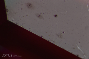 Spall marks on the surface of this Mozambique ruby prove that it was heat-treated after cutting and polishing. Note that some of the spall marks have dark halos around them.
